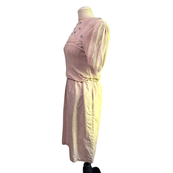 Vintage Ciao Petites Pink Sheath Sweater Dress Sz 12 Womens Woven Short Sleeve Seventies