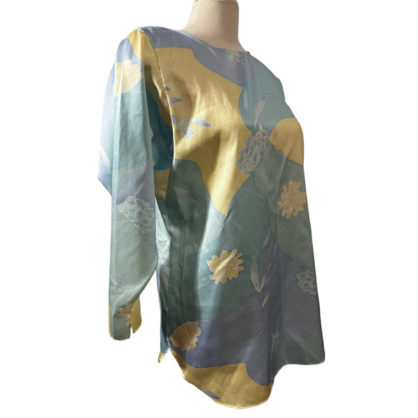Vintage Miss Elaine Silky Floral Seventies Blouse Sz Small/Med Womens Yellow & Blue