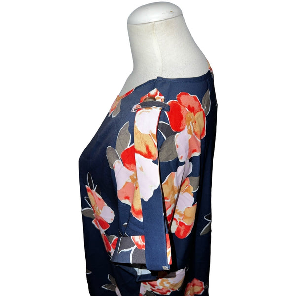 BloomChic NWT Floral Printed Roll Tab Sleeve Blouse Sz L (12) Womens Navy Blue & Coral Top Career Casual