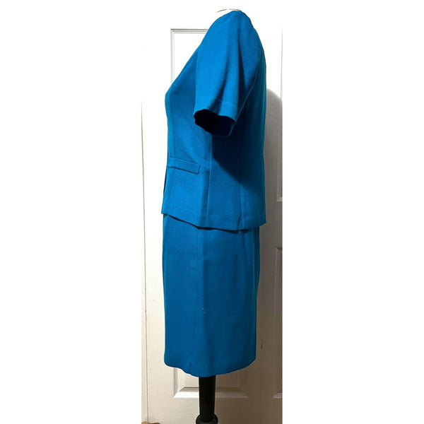 Vintage Norton McNaughton Petite Skirt Suit Set Sz 6 Petite Blue Short Sleeve