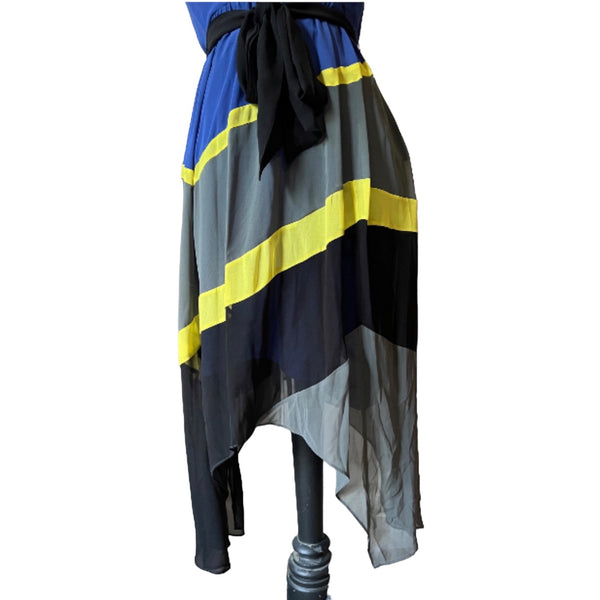 Max and Cleo Sheer Asymmetrical Dress Sz 4 Striped Blue, Yellow, & Gray Flirty