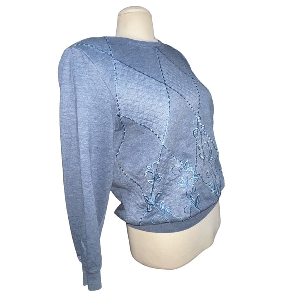 Vintage Alfred Dunner Quilted Embroidered Eighties Sweater Sz S Womens Blue Crewneck Long Sleeve
