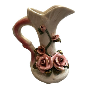Porcelain Vitnage Pitcher Style Flower Bud Vase with Roses & Handle 5" Tall