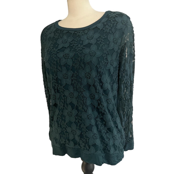 Adrianna Papell Teal Lace Blouse Sz XL Womens Long Lacey Sleeves