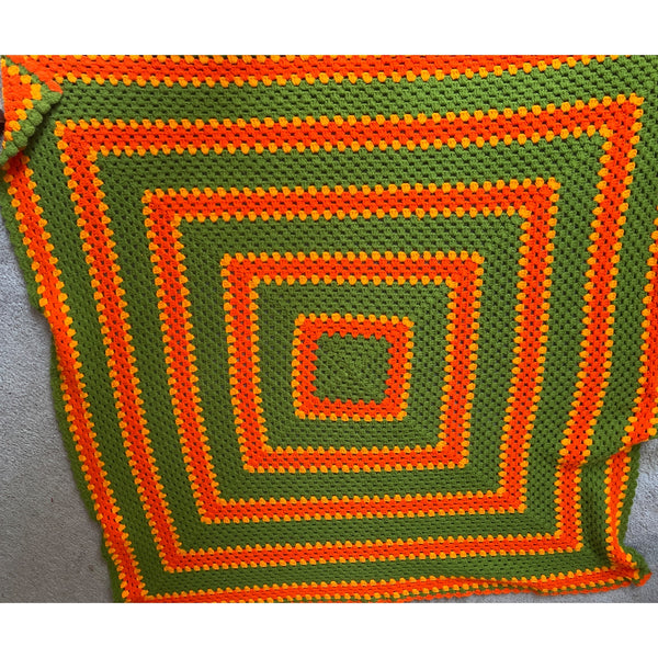 Vintage Crochet Afghan Blanket 58" x 54" Handmade Throw Quilt Orange Green Retro 70's