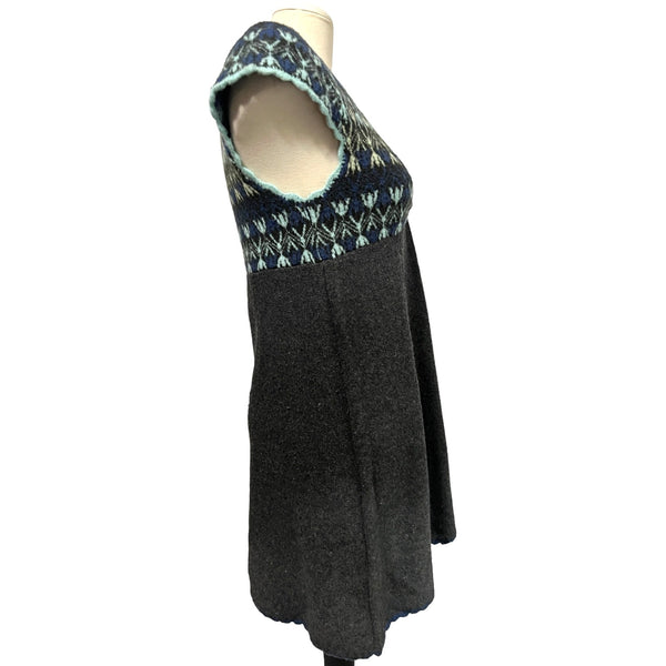 Free People Wool Knit V Neck Top Sweater Dress Sz M Womens Grey & Blue Boho Mini Dress