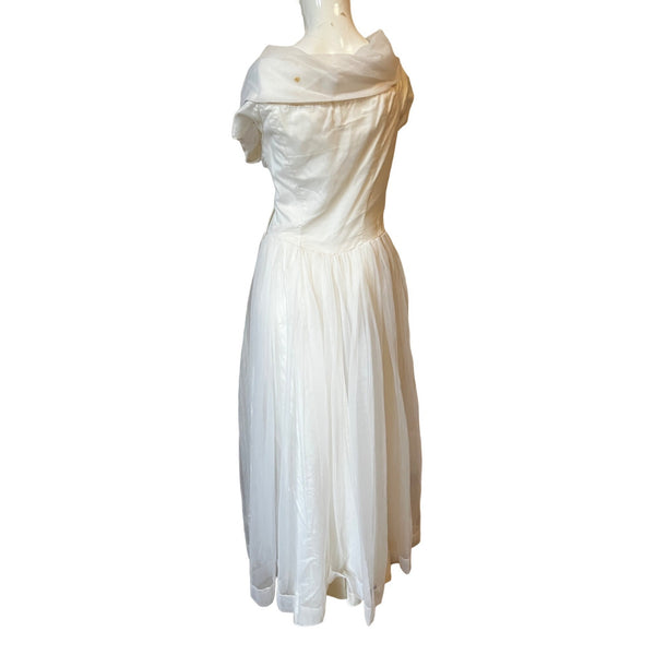 Vintage JA Poole Handmade White Ruche Front Tulle Dress Sz Small Appx (Unsized) Wedding Princess Prom