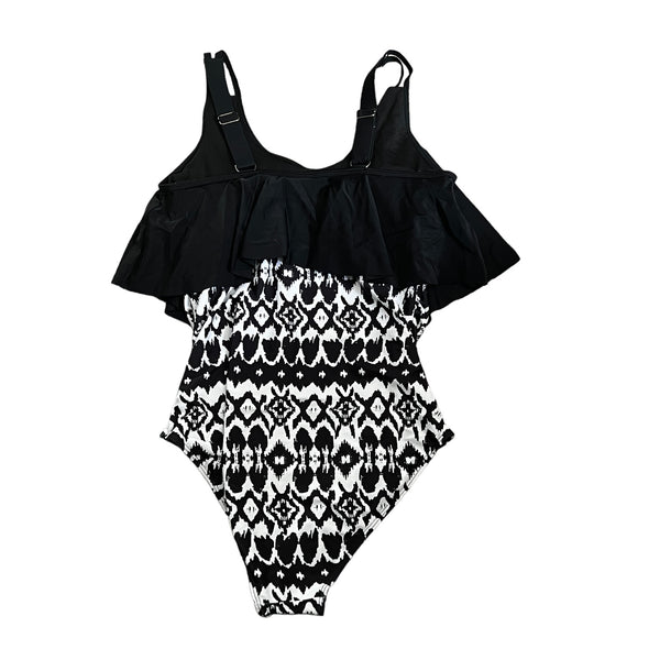 BloomChic NWT Geometric Patchwork Ruffle Trim One Piece Swim Suit Sz 14/16 Black & White