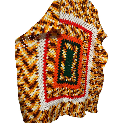 Vintage Afghan Orange Brown Yellow White Square Crochet Blanket Throw Handmade