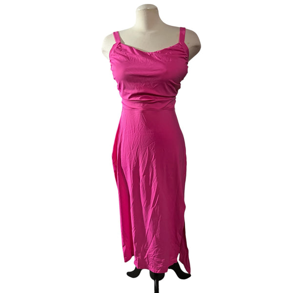 Halara Ruched Backless Crisscross Midi Dress Sz Medium Womens Pink Lace Up Split Bodycon