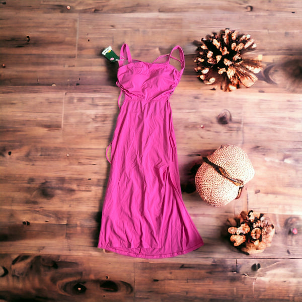 Halara Ruched Backless Crisscross Midi Dress Sz Medium Womens Pink Lace Up Split Bodycon