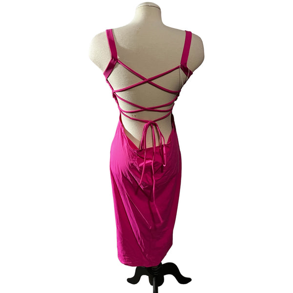 Halara Ruched Backless Crisscross Midi Dress Sz Medium Womens Pink Lace Up Split Bodycon