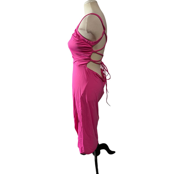 Halara Ruched Backless Crisscross Midi Dress Sz Medium Womens Pink Lace Up Split Bodycon