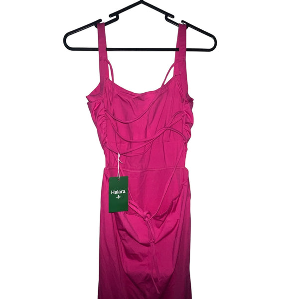 Halara Ruched Backless Crisscross Midi Dress Sz Medium Womens Pink Lace Up Split Bodycon