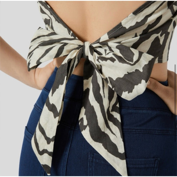 Halara Square Neck Puff Sleeve Backless Zebra Stripe Print Crop Top Sz Small Linen Blouse