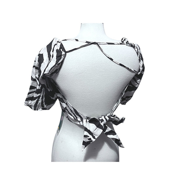 Halara Square Neck Puff Sleeve Backless Zebra Stripe Print Crop Top Sz Small Linen Blouse