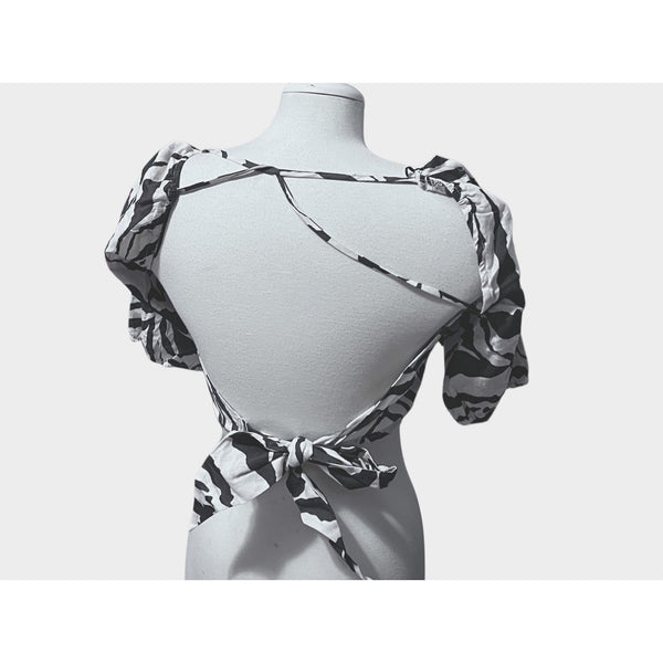 Halara Square Neck Puff Sleeve Backless Zebra Stripe Print Crop Top Sz Small Linen Blouse