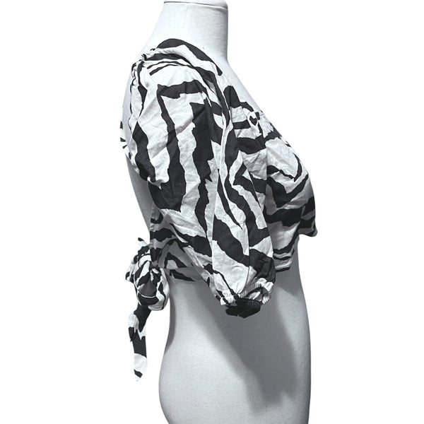 Halara Square Neck Puff Sleeve Backless Zebra Stripe Print Crop Top Sz Small Linen Blouse