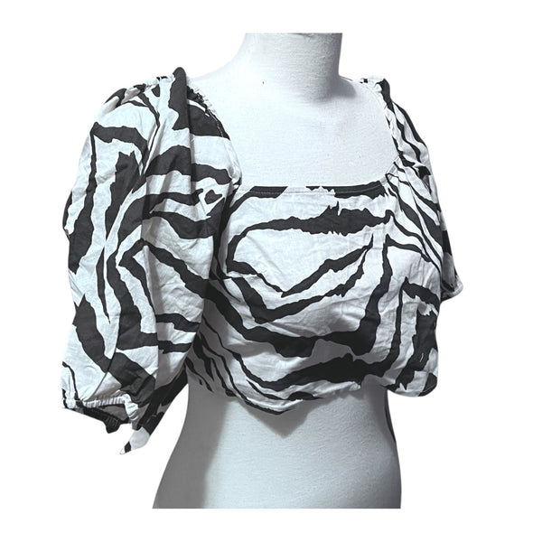 Halara Square Neck Puff Sleeve Backless Zebra Stripe Print Crop Top Sz Small Linen Blouse