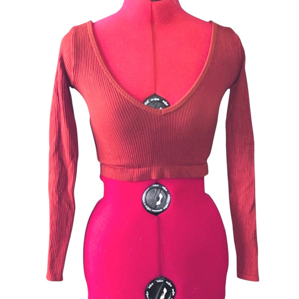 aerie Out From Under Textured Long Sleeve Cropped V Neck Shirt Sz Small Orange Womens