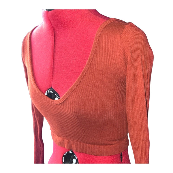 aerie Out From Under Textured Long Sleeve Cropped V Neck Shirt Sz Small Orange Womens