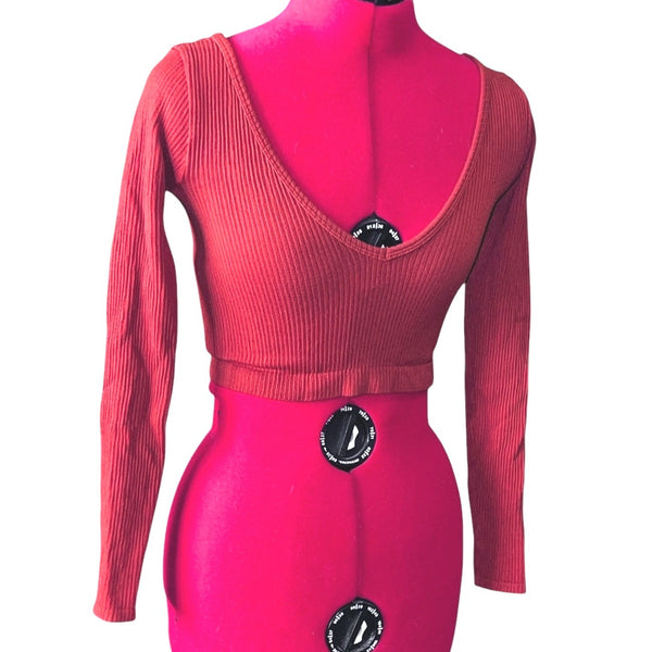 aerie Out From Under Textured Long Sleeve Cropped V Neck Shirt Sz Small Orange Womens