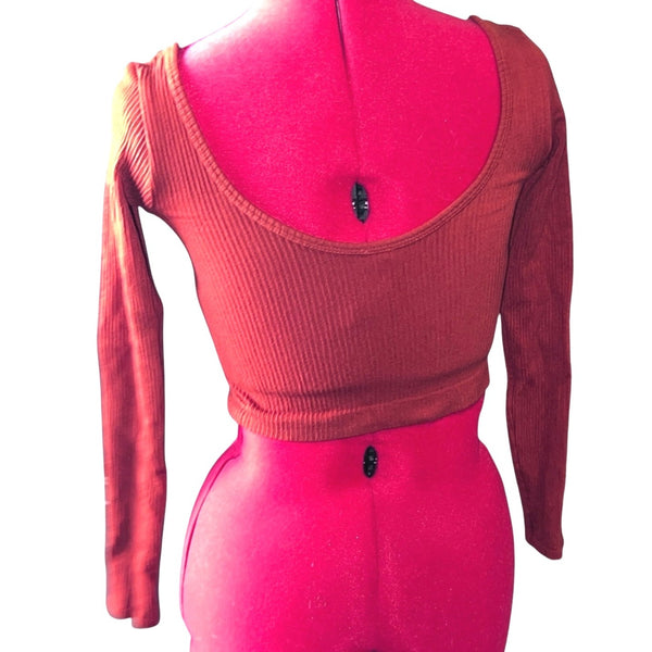 aerie Out From Under Textured Long Sleeve Cropped V Neck Shirt Sz Small Orange Womens