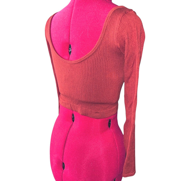 aerie Out From Under Textured Long Sleeve Cropped V Neck Shirt Sz Small Orange Womens