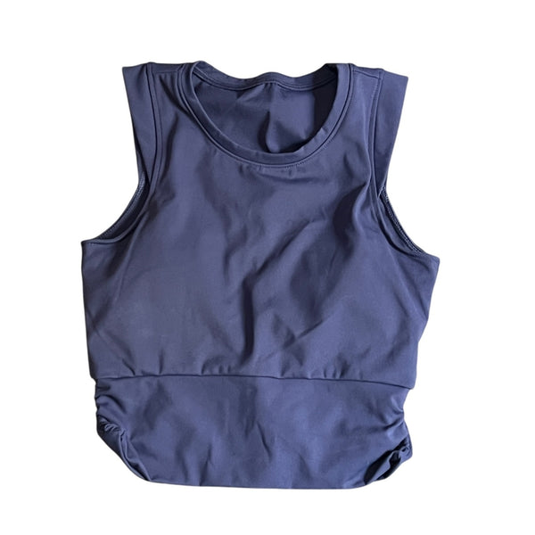 Halara Round Neck Cap Sleeve Cropped Ruched Workout Tank Sz Medium Navy Built in Bra