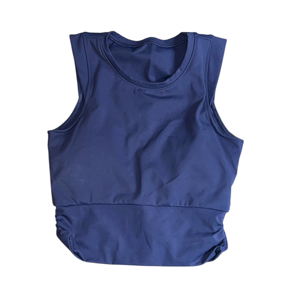 Halara Round Neck Cap Sleeve Cropped Ruched Workout Tank Sz Medium Navy Built in Bra