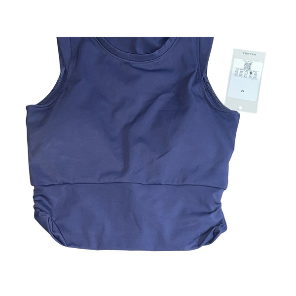 Halara Round Neck Cap Sleeve Cropped Ruched Workout Tank Sz Medium Navy Built in Bra