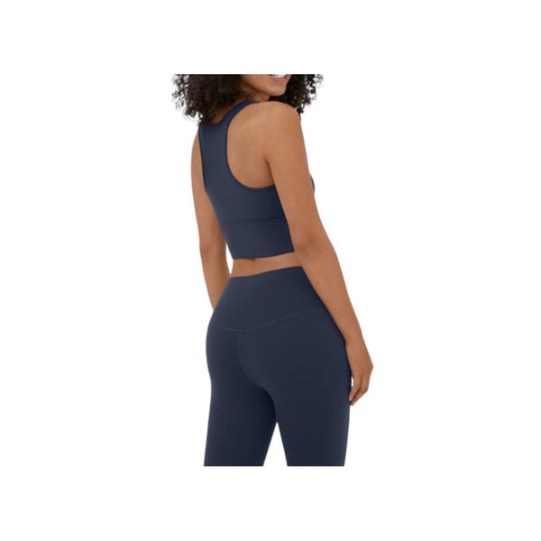 Halara Round Neck Cap Sleeve Cropped Ruched Workout Tank Sz Medium Navy Built in Bra