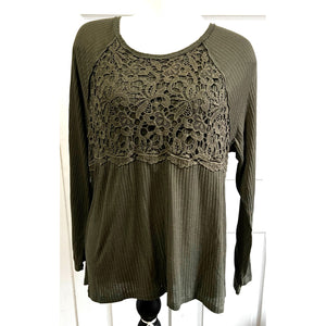 Knox Rose Olive Green Sz XXL Womens Plus Babydoll Blouse with Floral Lace