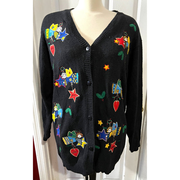 Vintage Cottagecore Embroidered Angel Cardigan Sz M Womens by The Quacker Factory Black Fun Sweater