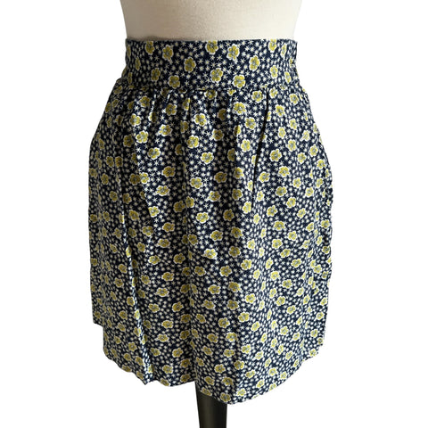 Loft Outlet Navy Blue & Yellow LInen Floral Mini Skirt Sz L Womens w/ Pockets