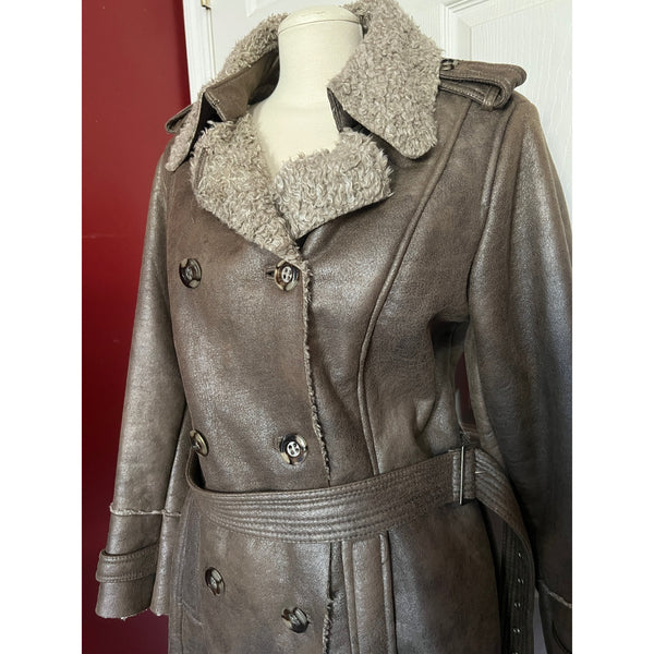Black Rivet Fur Lined Winter Coat with Belt Sz 1XL Brown Peacoat