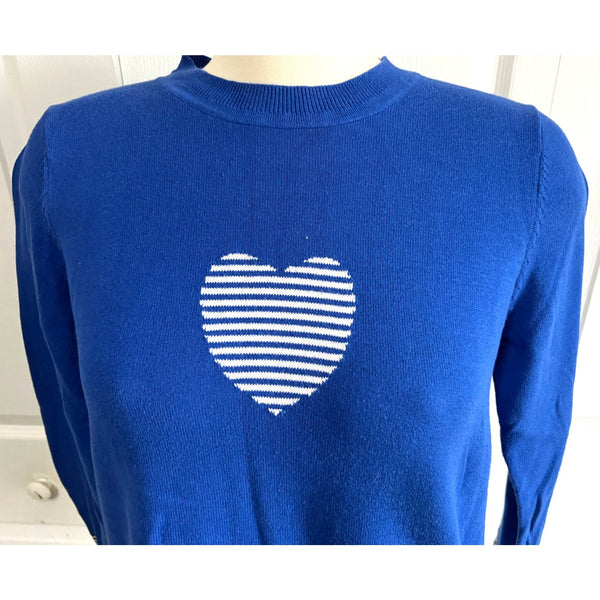 Ten-Oh-8 Royal Blue Heart Sweater Sz M Womens Long Sleeve with Striped Heart