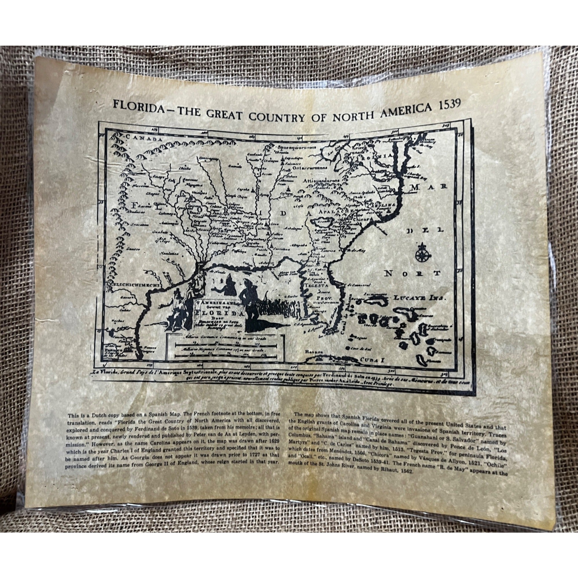 Laminated Historic Map of Florida- The Great Country of North America 1539 Spanish Florida