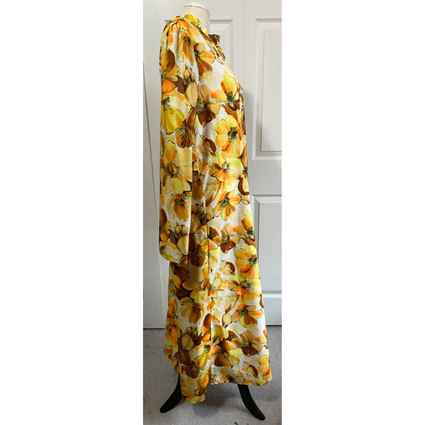 Vintage Handmade Yellow Floral Long Sleeve Maxi Dress Sz XL Womens Boho HIppie