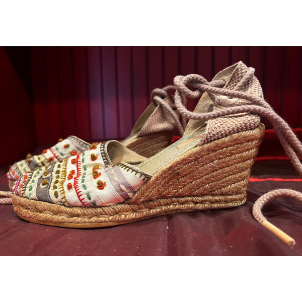 apepazzo Boho Cloth Wedge Heels with Ankle Laces Sz 40 (10) Womens Retro Shoe