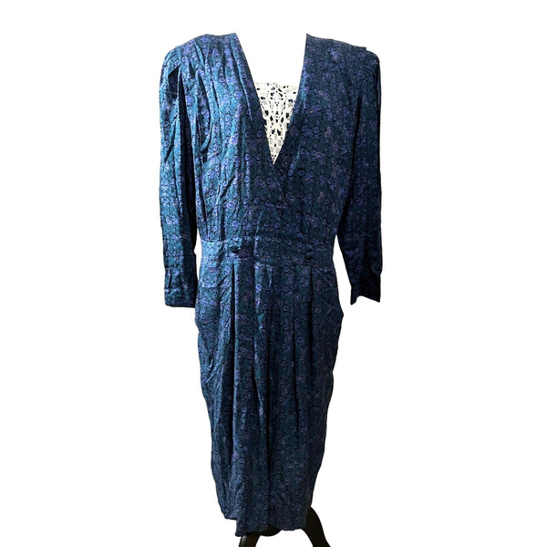 Vintage Prarie Dress Eighties KSL by Karin Stephens Sz 22 W Blue Green Paisley Retro Dress