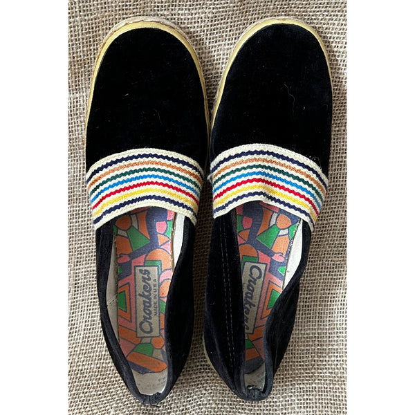 Croakers Vintage Black Suede Shoes Sz 8 Womens Striped Flats
