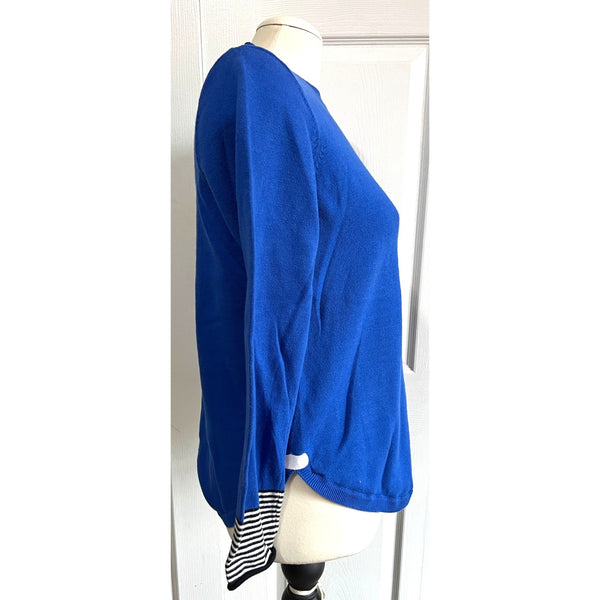 Ten-Oh-8 Royal Blue Heart Sweater Sz M Womens Long Sleeve with Striped Heart