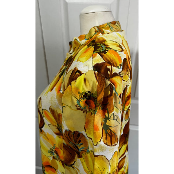 Vintage Handmade Yellow Floral Long Sleeve Maxi Dress Sz XL Womens Boho HIppie