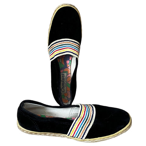 Croakers Vintage Black Suede Shoes Sz 8 Womens Striped Flats