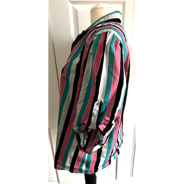 Vintage Koret Seventies Striped Blouse Sz 16 Womens Pink Teal Black 3/4 Sleeve Button Down