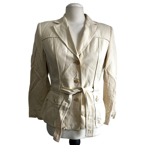 Talbots Italian Linen Blend Blazer Sz 8 Womens Beige Collared Belted Jacket