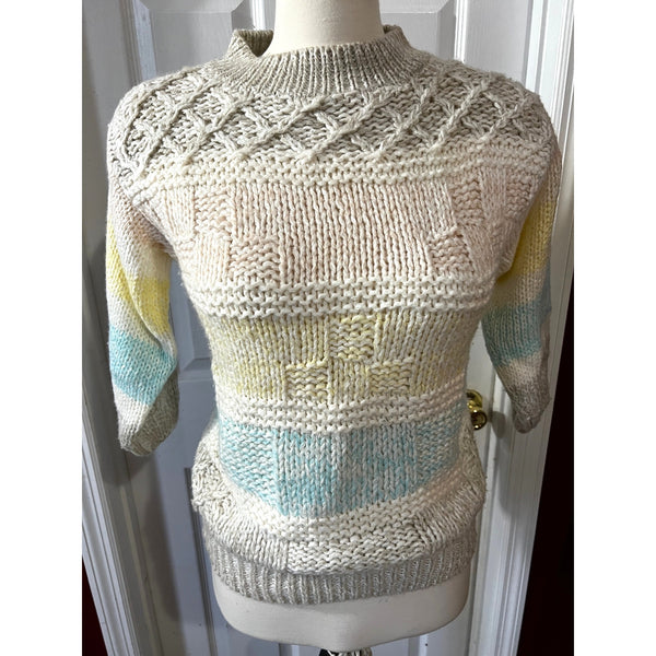 Vintage Hand Knit Sweater Sz M Womens by JJ Fargo Pastel Chunky Knit 3/4 Sleeve