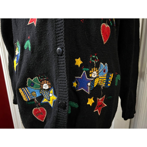 Vintage Cottagecore Embroidered Angel Cardigan Sz M Womens by The Quacker Factory Black Fun Sweater
