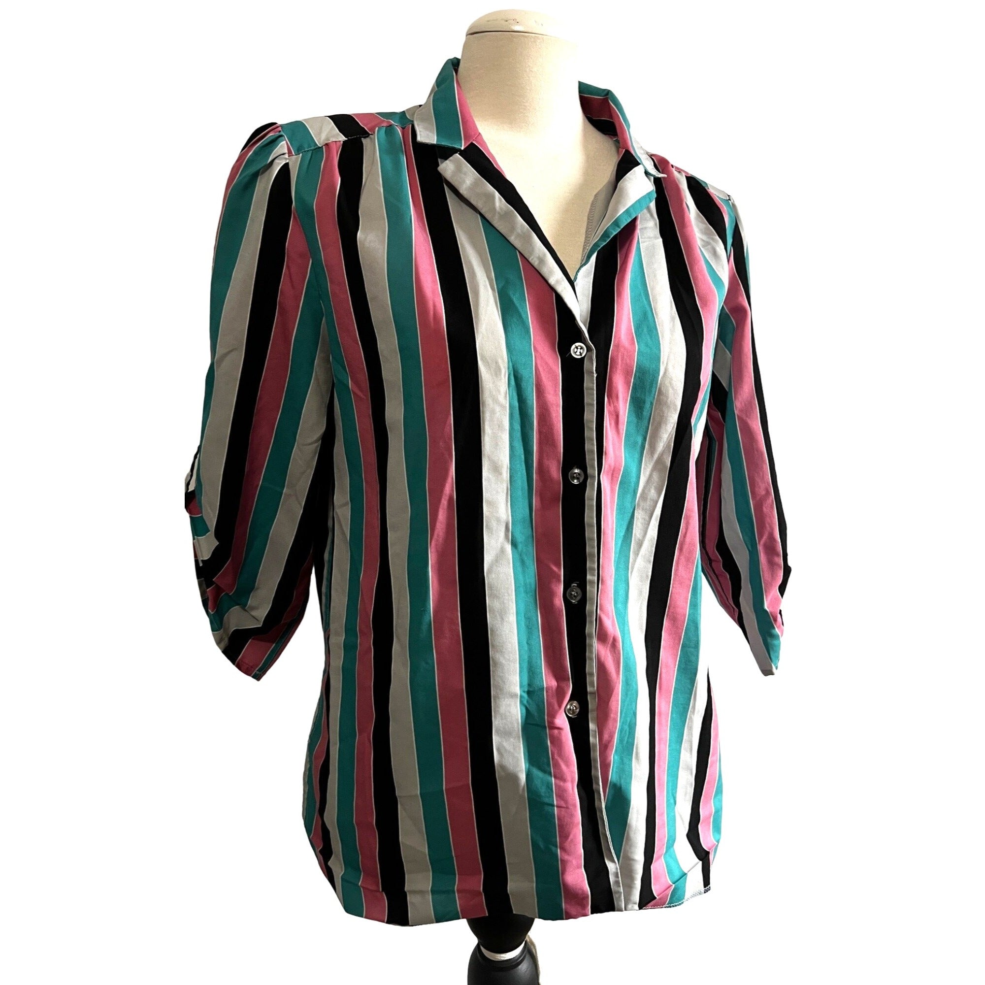 Vintage Koret Seventies Striped Blouse Sz 16 Womens Pink Teal Black 3/4 Sleeve Button Down